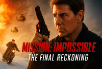 Digital promotional artwork for Mission: Impossible – The Final Reckoning featuring Tom Cruise as Ethan Hunt, highlighting action and suspense.