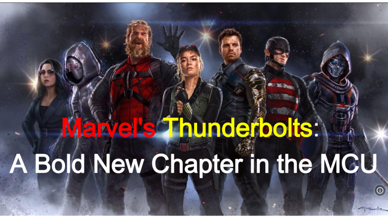 Artwork featuring Marvel’s Thunderbolts team lineup including Yelena, Bucky, Ghost, and others, in a gritty, cinematic style with a dark color tone.