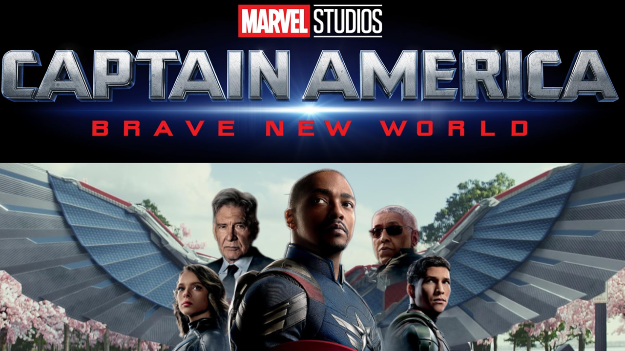 Sam Wilson as Captain America with shield, standing heroically in a divided world, symbolizing the new era of the MCU in Captain America: Brave New World.